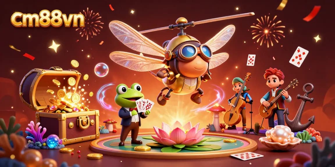Experience the excitement of cm88vn at a vibrant lily pad casino with a dragonfly pilot and frog dealer.