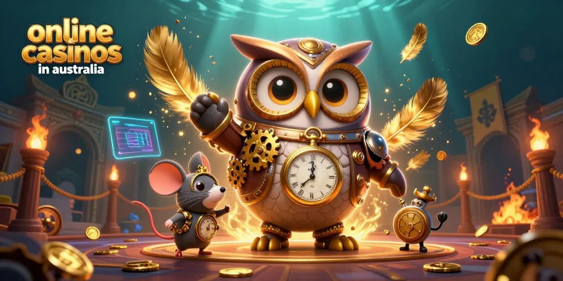 Engage with vibrant online casinos in australia through a whimsical 3D time-traveler owl and mouse in a steampunk scene.