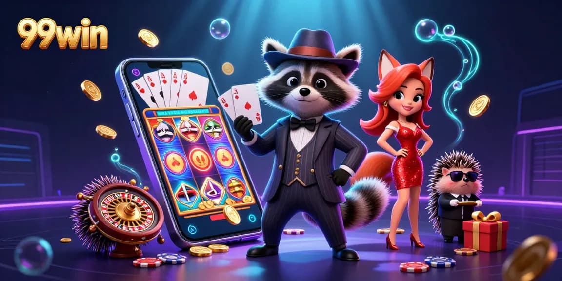Engaging 99win 3D casino scene with suave raccoon, fox lady, and hedgehog bouncer holding a royal flush.