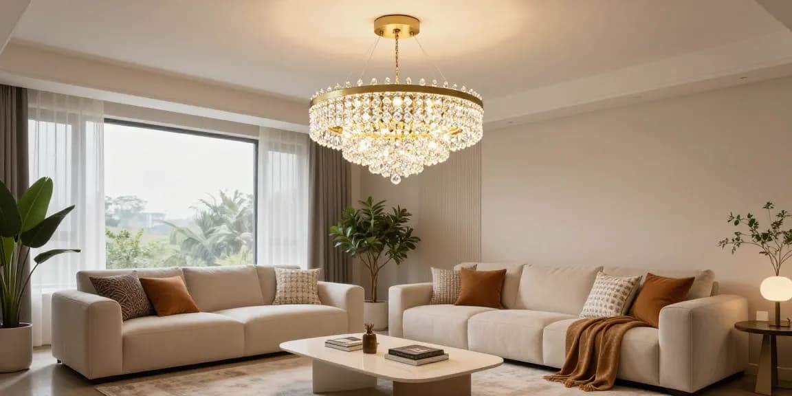 Iluminarea elegantă a unui candelabru de living LED în sufragerie modernă, creând o atmosferă primitoare.