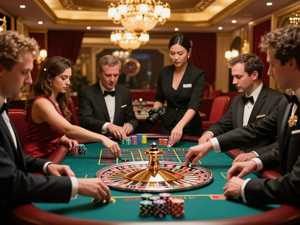 Players engaged at a roulette table, experiencing the excitement of sunwingo gaming under stunning casino lighting