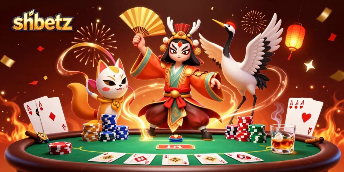Experience the thrill of shbetz with a kabuki warrior and poker elements in this vibrant illustration.
