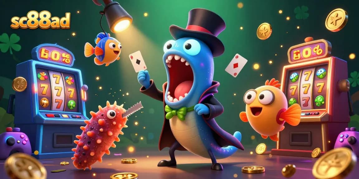 Engage with sc88ad's vibrant slot machine scene featuring a magician eel, anglerfish, and magical elements.