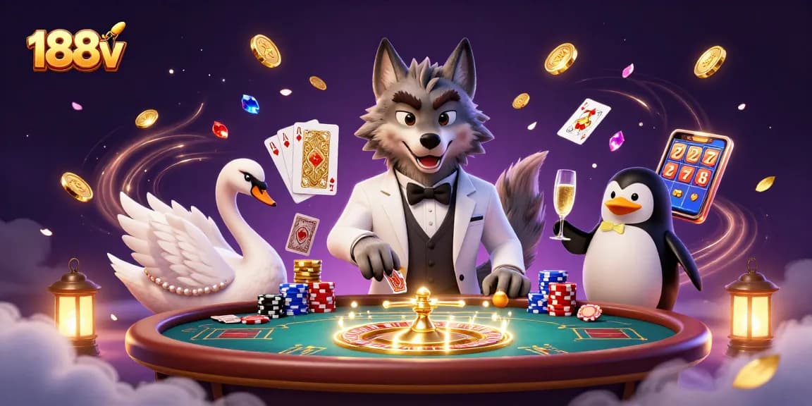 Experience thrilling games at 188v's vibrant casino, featuring engaging characters and dynamic elements.