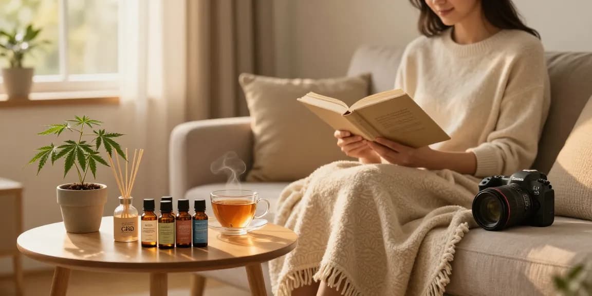 Ministry of Cannabis CBD oil assortment in a calming home wellness scene, featuring natural herbs and a cozy reading corner.