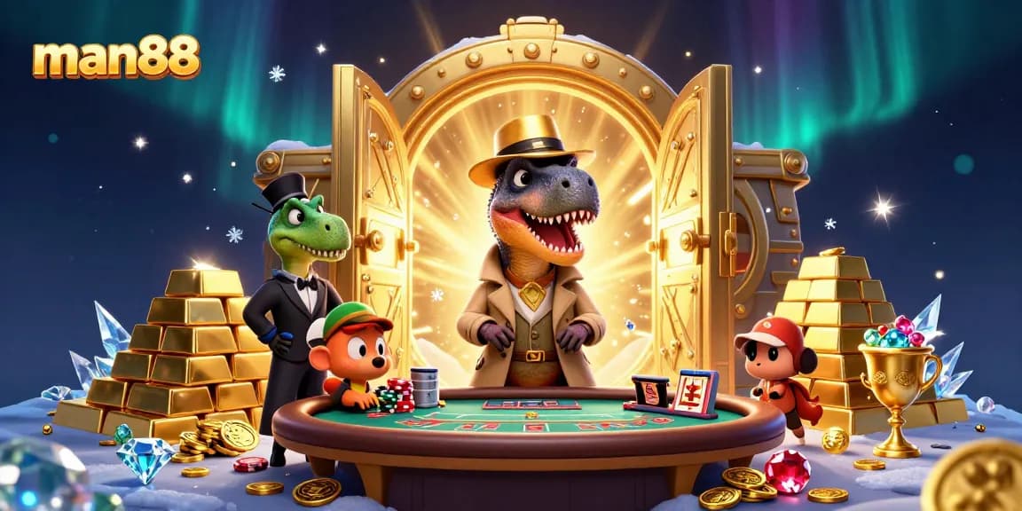 man88 gaming scene with a cartoon velociraptor counter looking sneaky at a blackjack table