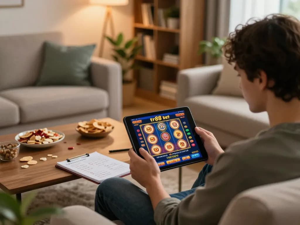 Engaging player using tr88 bet on a tablet, enjoying online gaming in a cozy home setting.