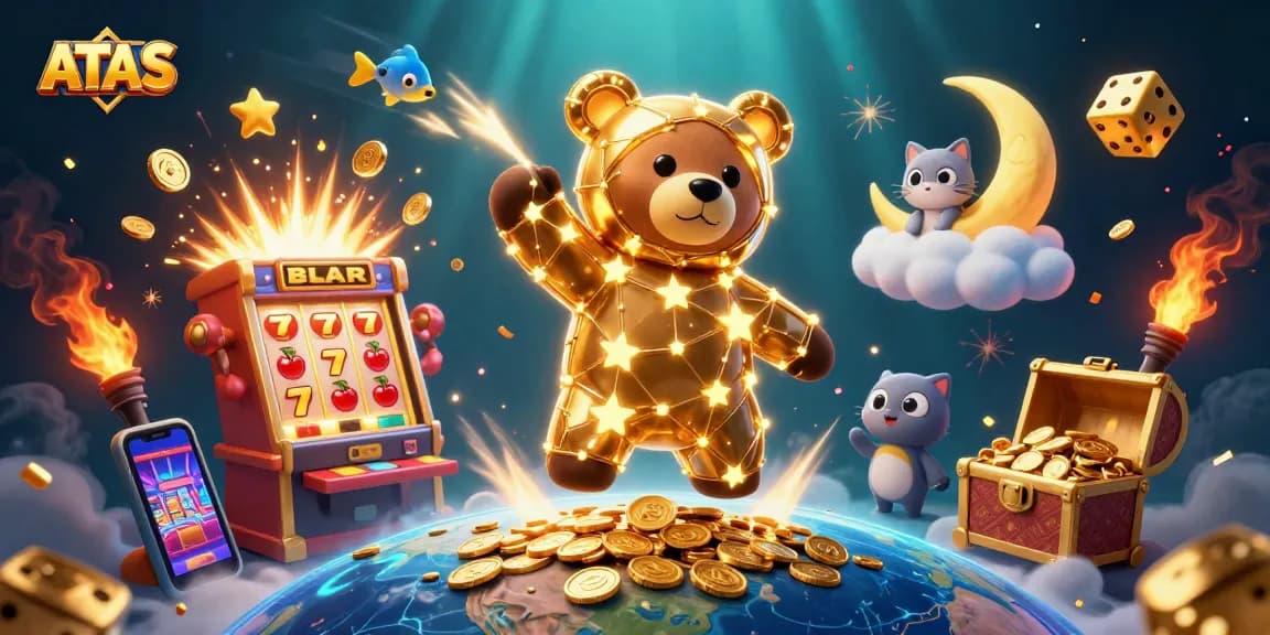 Experience thrilling gaming at ATAS with vibrant 3D casino characters and festive slot elements.