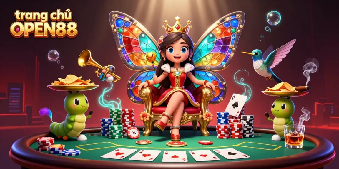 Experience the vibrant scene of trang chủ OPEN88 with a butterfly queen presiding over a poker extravaganza.