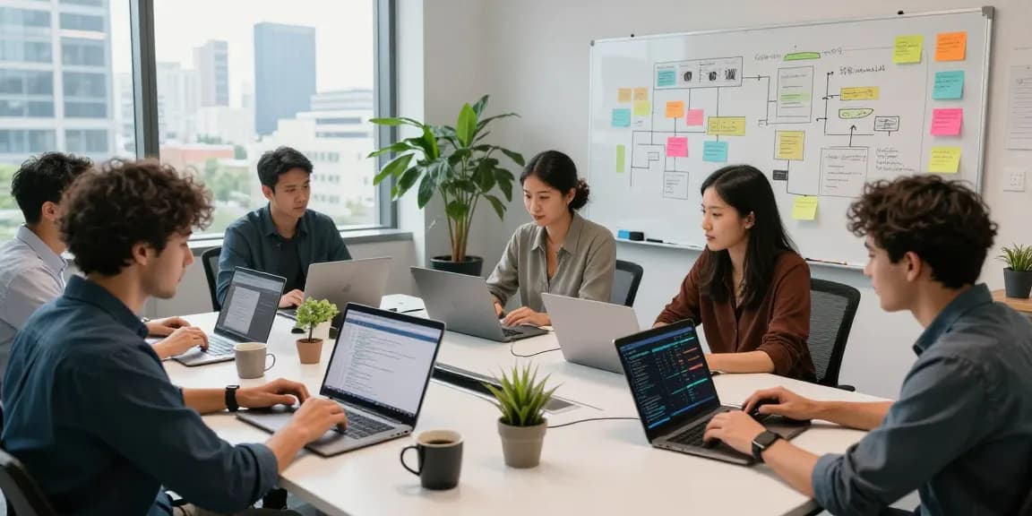 Developers collaborating on real-time market quote API project in modern workspace