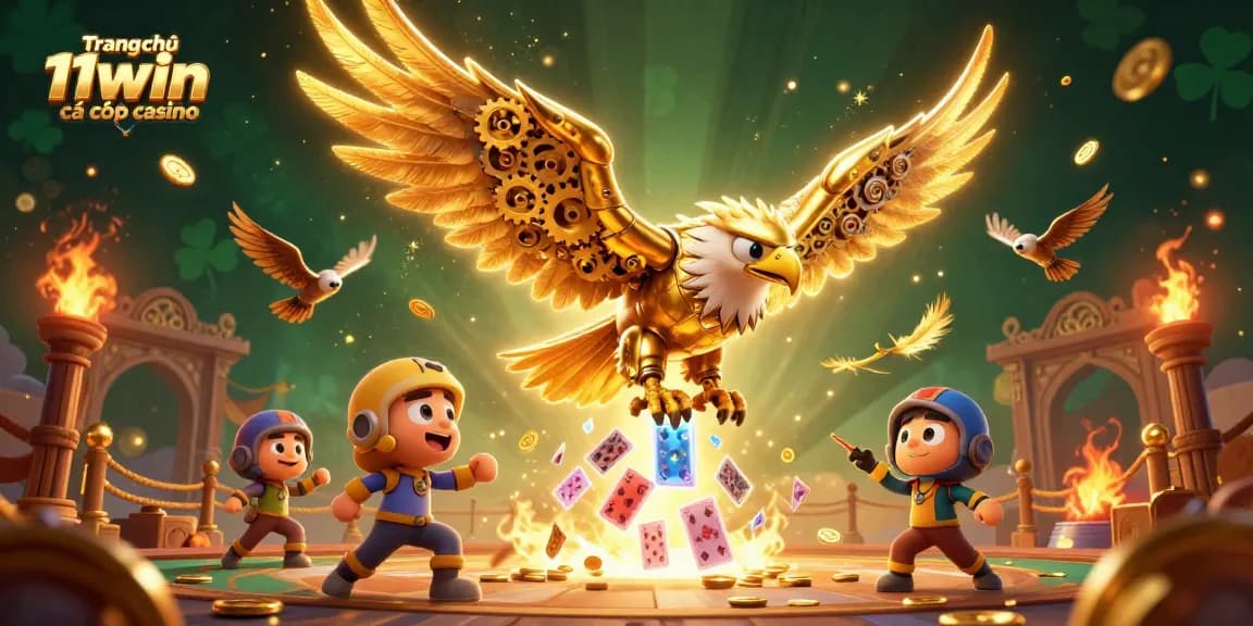 Engaging 3D visual representing Trang chủ 11win cá cược casino with a dynamic golden eagle, holographic cards, and vibrant casino elements