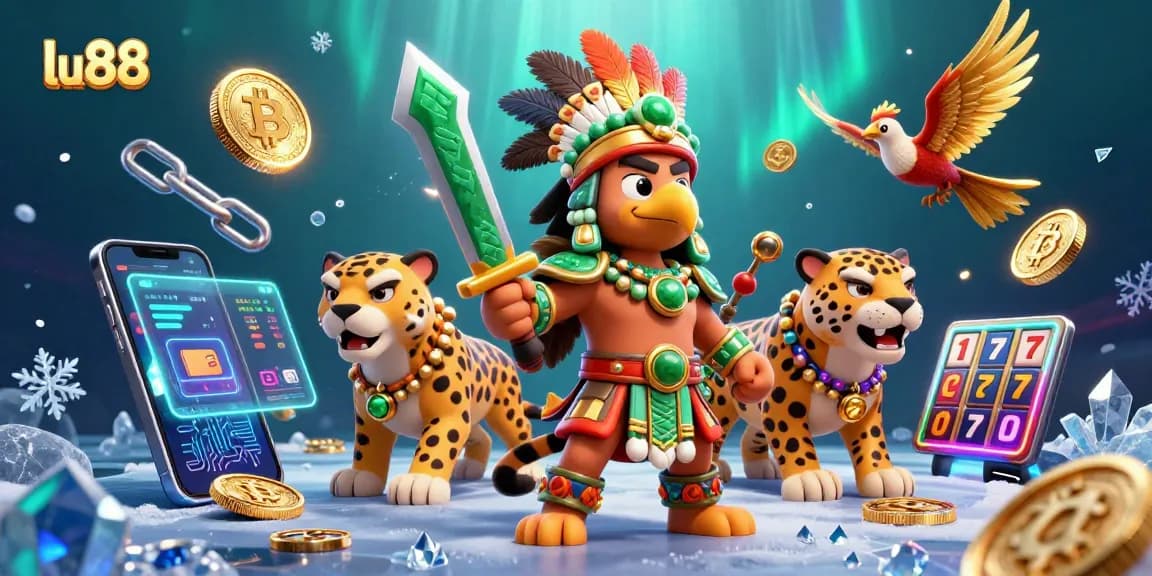Join the excitement at lu88 with vibrant characters, slots, and crypto elements in this lively 3D casino scene.
