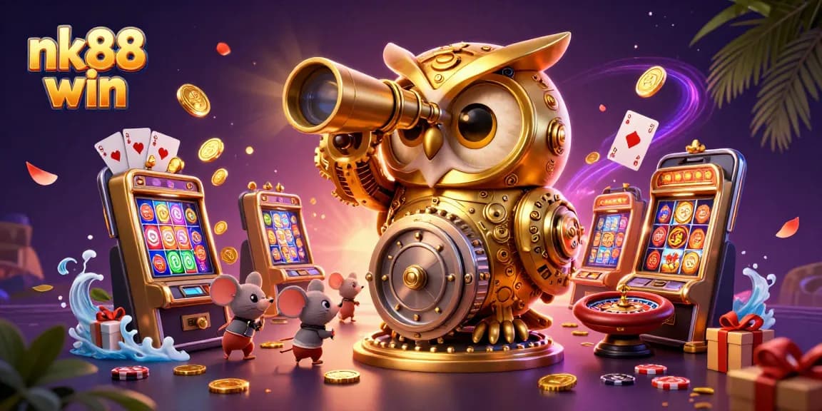 Experience nk88 win with vibrant casino elements and cartoon characters in a lively digital scene.