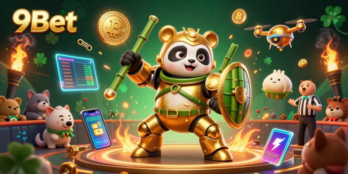 Experience thrilling action with 9Bet as the mech-suit golden panda battles in a vibrant casino arena.