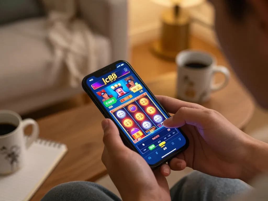 Engaging with app lc88 on a smartphone, enjoying colorful slot games in a cozy home setting.