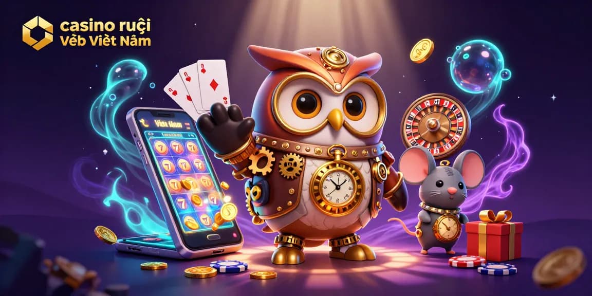 Immerse in casino trực tuyến Việt Nam with a lively 3D scene showcasing vibrant games and whimsical characters.