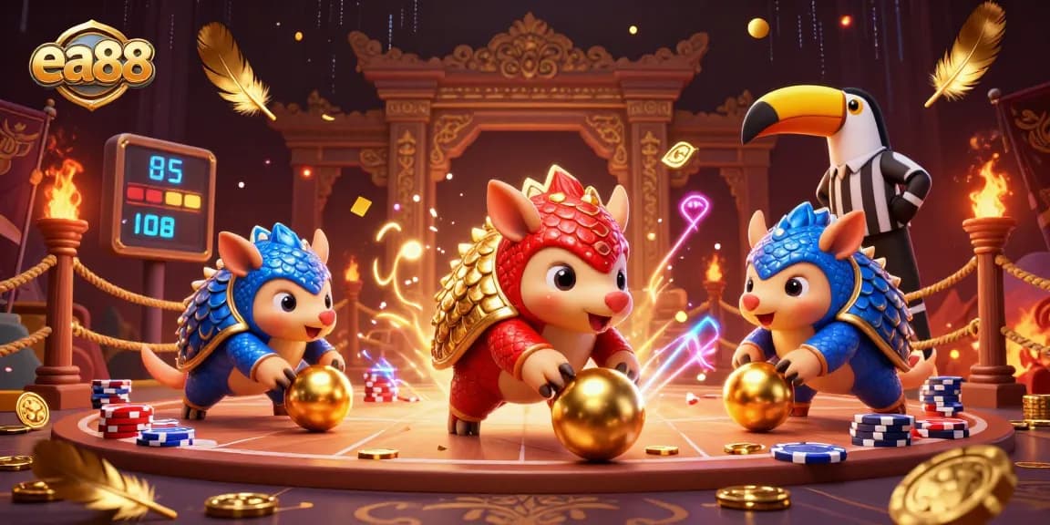 ea88 pangolins compete in a vibrant casino scene with golden chips and feathers