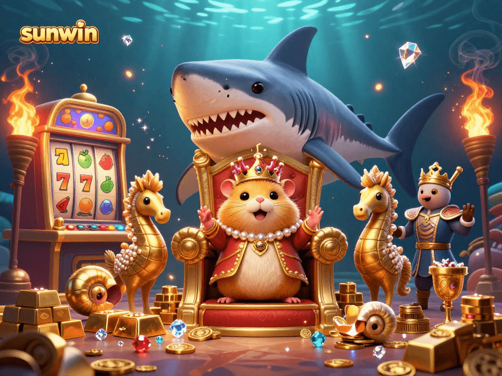 Spin and win with sunwin's vibrant casino illustration featuring golden treasures and a hamster king.