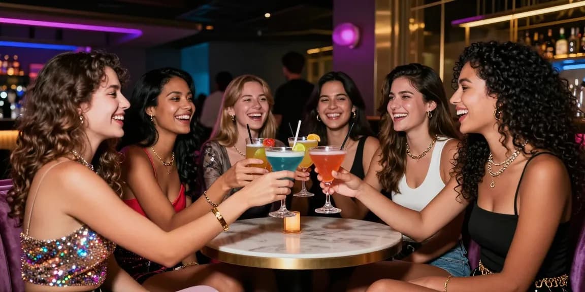 Nhóm gái gọi tận hưởng buổi tối vui vẻ với đồ uống sáng màu trong không gian bar sang trọng.