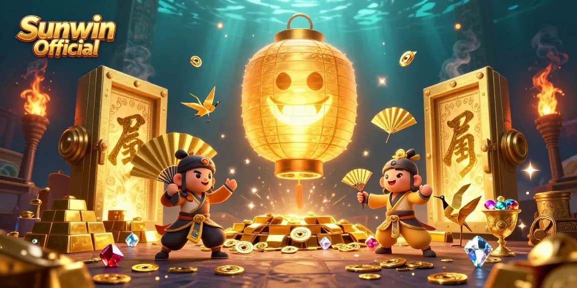 Experience the excitement of gambling with Sunwin Official's vibrant 3D illustration featuring treasures and lucky symbols.