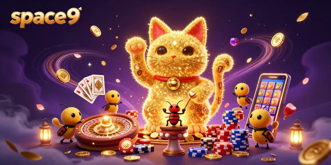 Engage with the vibrant world of space9 casino, featuring a lucky cat surrounded by flying coins and cards.