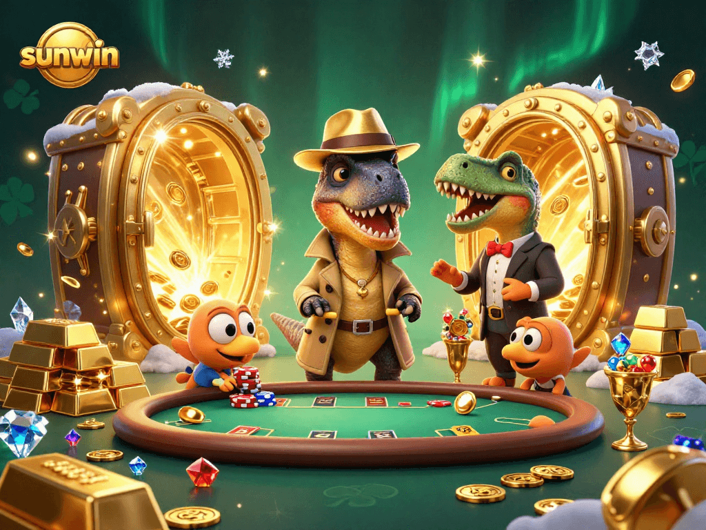 Experience the thrill of sunwin with a daring velociraptor card counter and treasures in this vibrant casino scene.