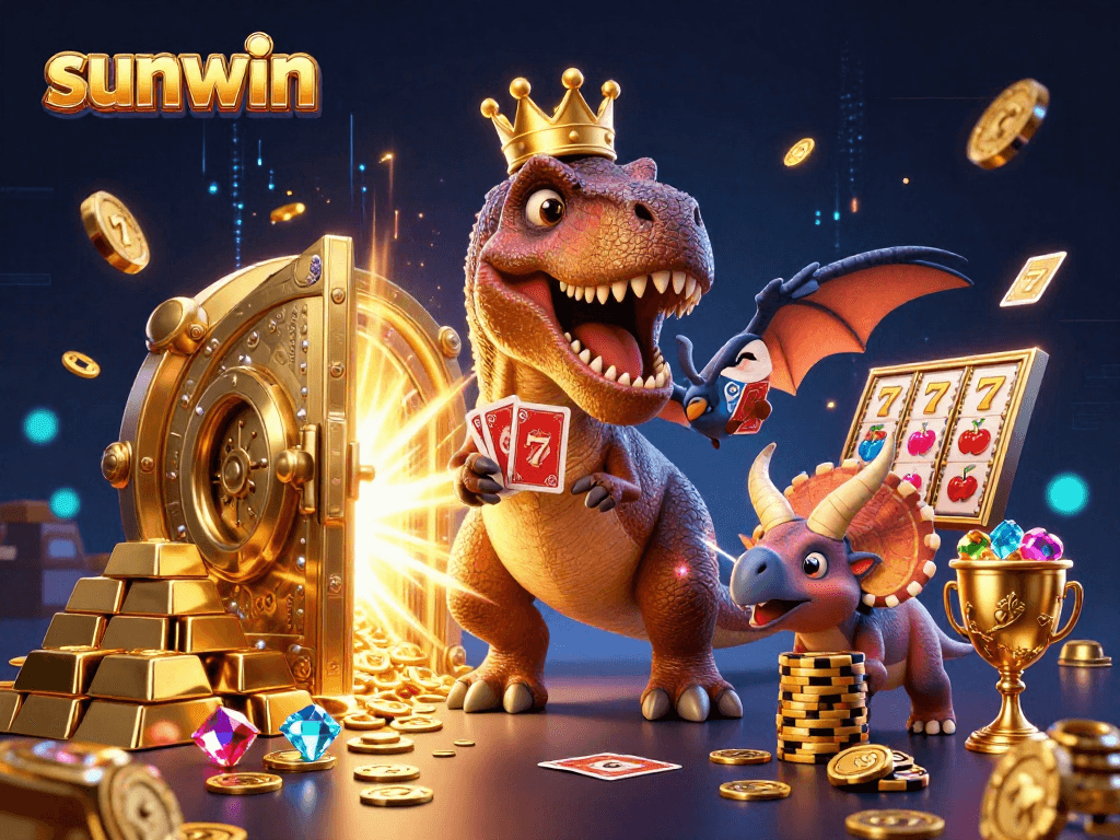 Experience the thrill of sunwin with a playful T-Rex, cards, and golden chips in a casino scene.