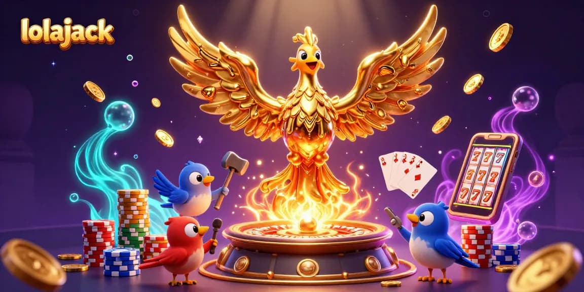 Experience winning at lolajack with a golden phoenix surrounded by casino elements.