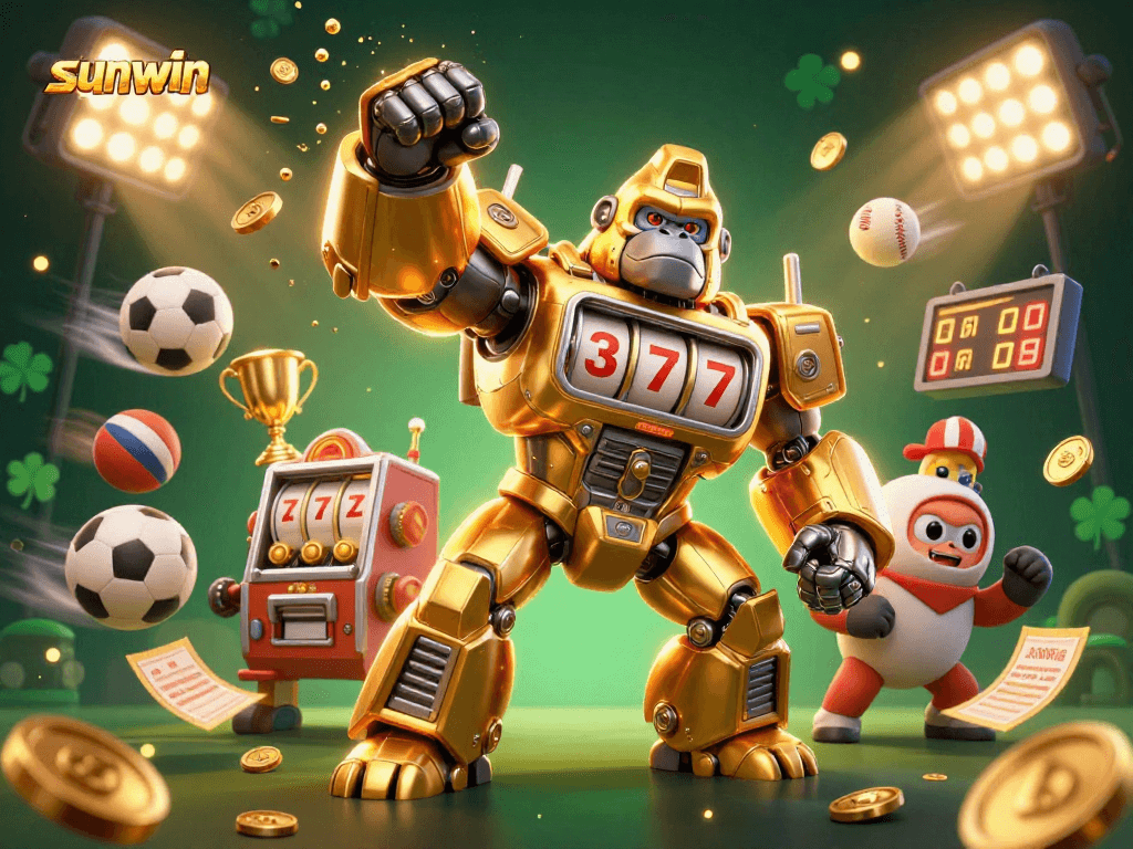Experience excitement at sunwin with a 3D golden gorilla mech surrounded by dynamic sports betting elements.