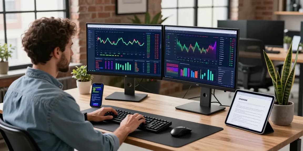 Dynamic tech workspace with developer using libertyswap trading application on monitors, showcasing cryptocurrency charts and documentation.