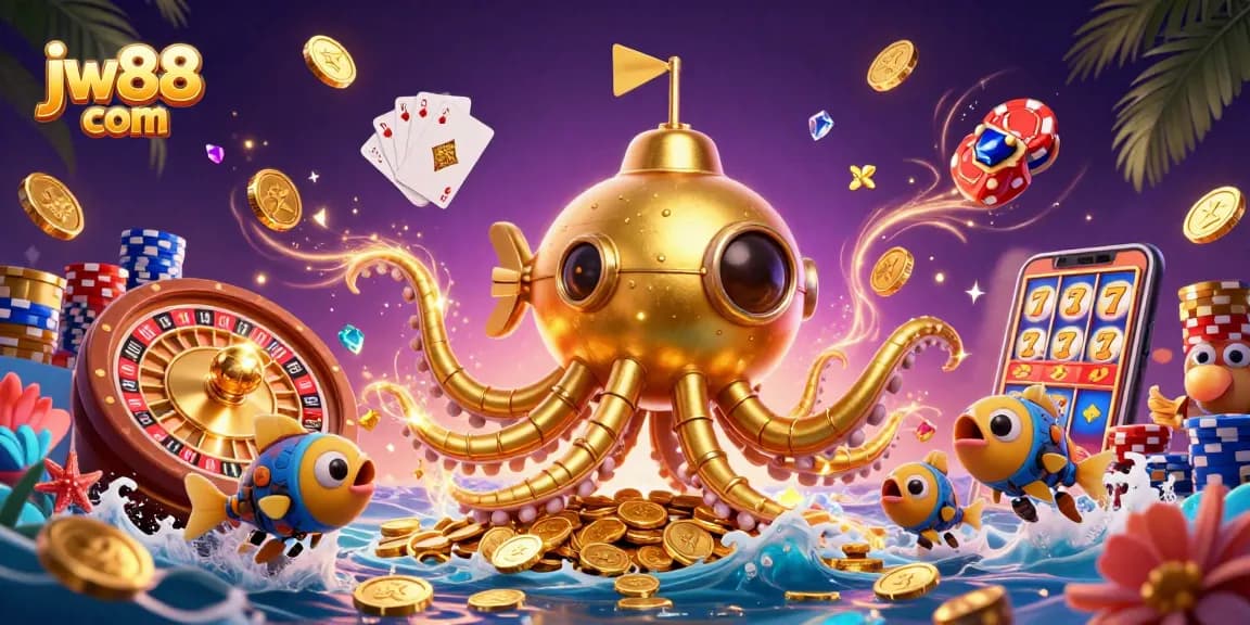 Experience thrilling gameplay at jw88 com with a golden kraken submarine among dazzling casino elements.