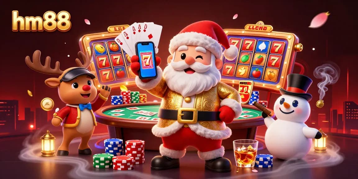 hm88 engages in vibrant casino fun with Santa, a reindeer dealer, and a poker chip snowman.