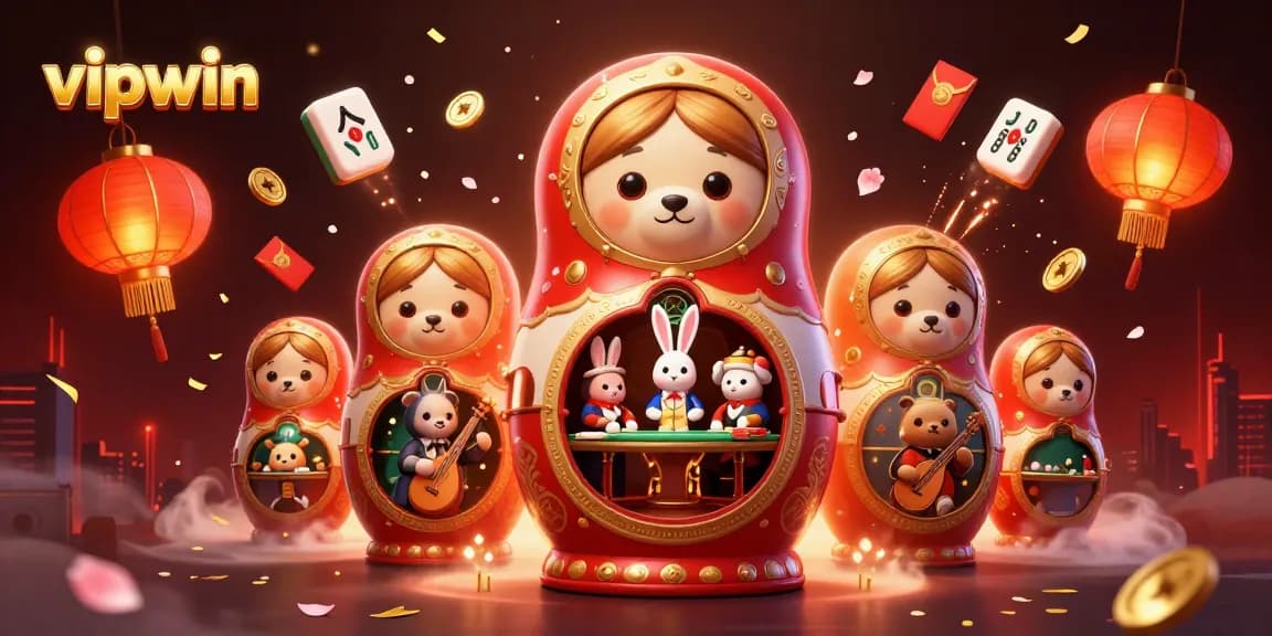 Experience the thrilling action at vipwin with a vibrant 3D casino illustration showcasing Matryoshka bears and gaming elements