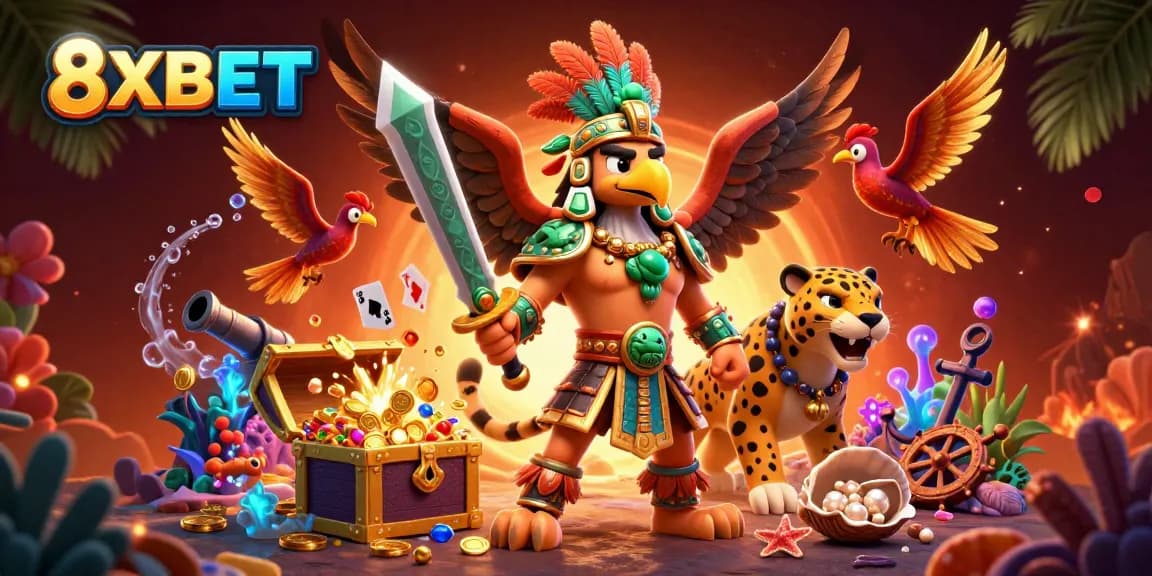 Engage with 8XBET in an electrifying casino scene featuring Aztec warriors and vibrant themed elements.