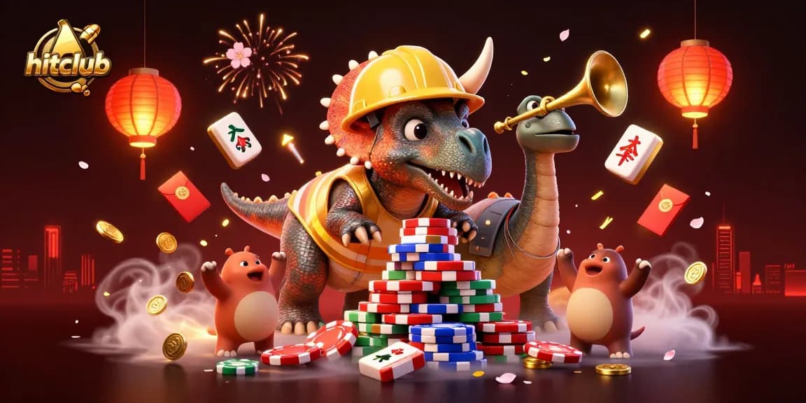 Celebrate win with hitclub's lively 3D scene featuring colorful casino elements and joyful dinosaurs.