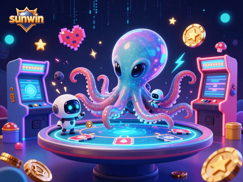 Join the fun with sunwin as the alien octopus deals thrilling poker in a vibrant 3D casino scene.