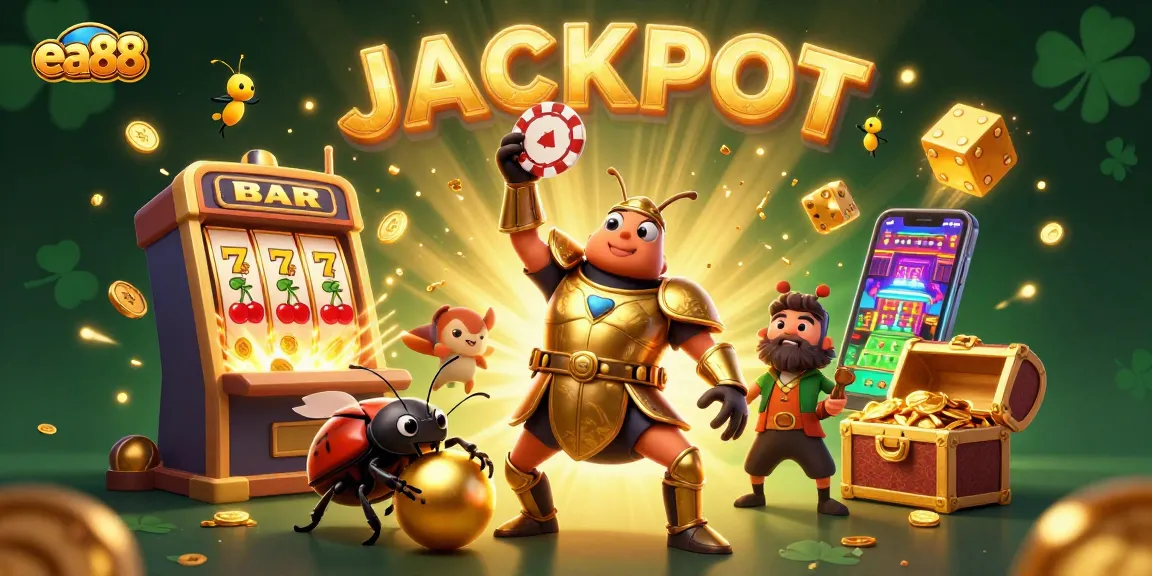 Win big at ea88 with a vibrant 3D illustration featuring poker and jackpot elements.