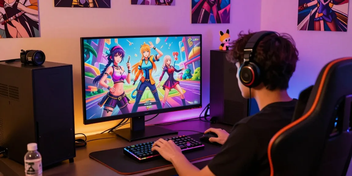 Player immersed in colorful hentai games, showcasing vibrant characters and digital gaming gear