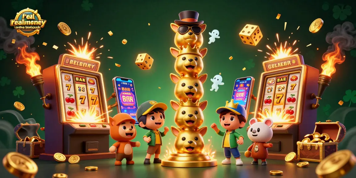 Play real money online blackjack amid a vibrant casino scene with a golden totem pole and dynamic game elements.