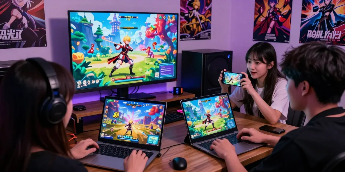 Exciting hentaigame scene with diverse characters engaging in immersive gameplay on various devices, showcasing vibrant fantasy landscapes and an enthusiastic atmosphere.