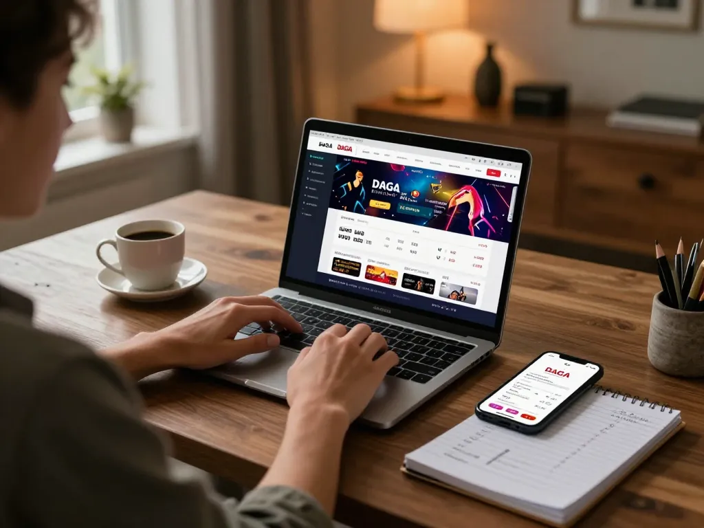 In a cozy study, a player engages with the DAGA online betting platform on a laptop, enhancing their gambling strategy.