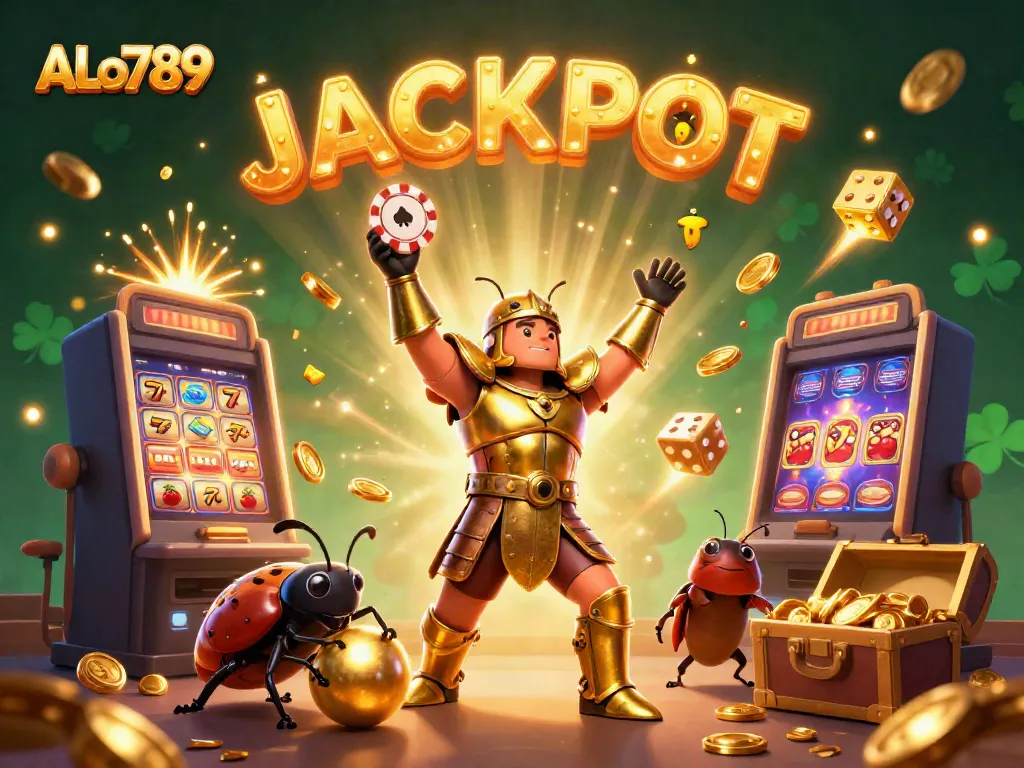 Engage in thrilling ALo789 gameplay with beetles celebrating jackpots amidst casino excitement.