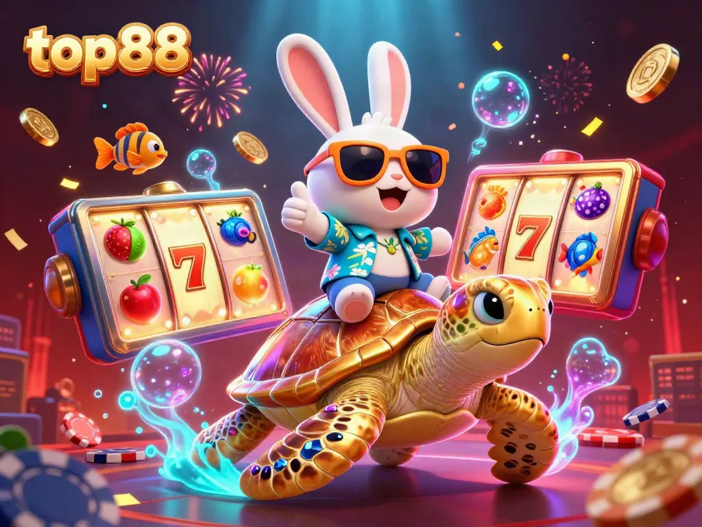 Top88 vibrant casino scene with lucky rabbit and turtle celebrating amidst slot reels and festive fireworks.