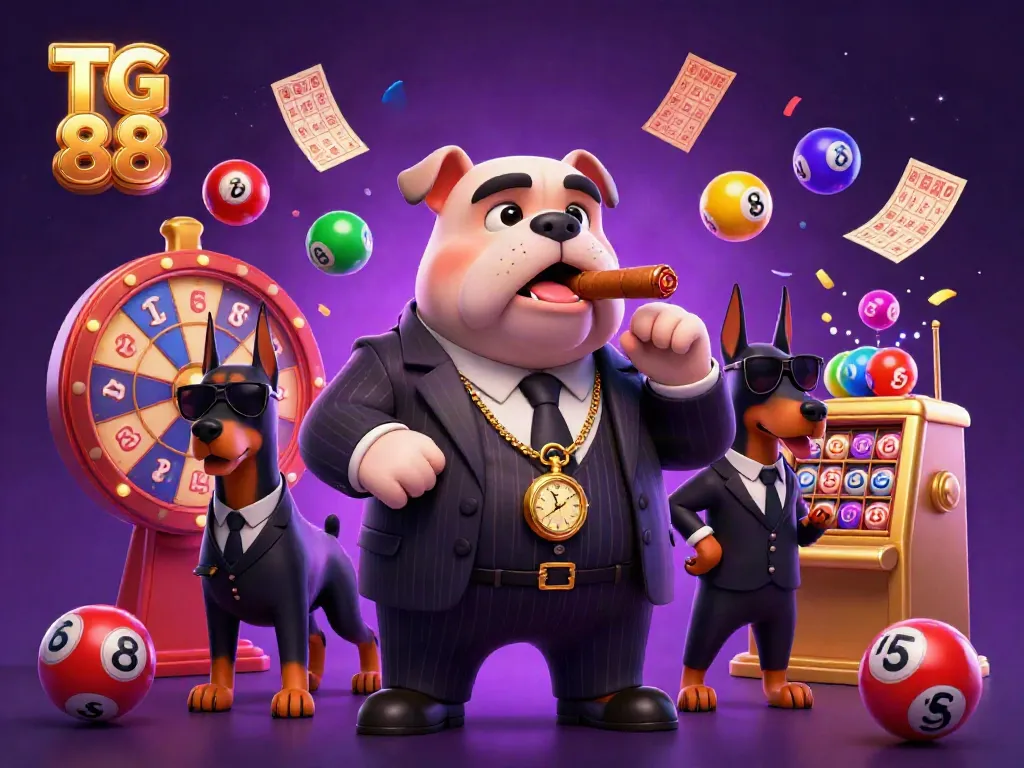 Win big with TG 88 as colorful lottery balls and vibrant game elements surround a mafia boss bulldog.