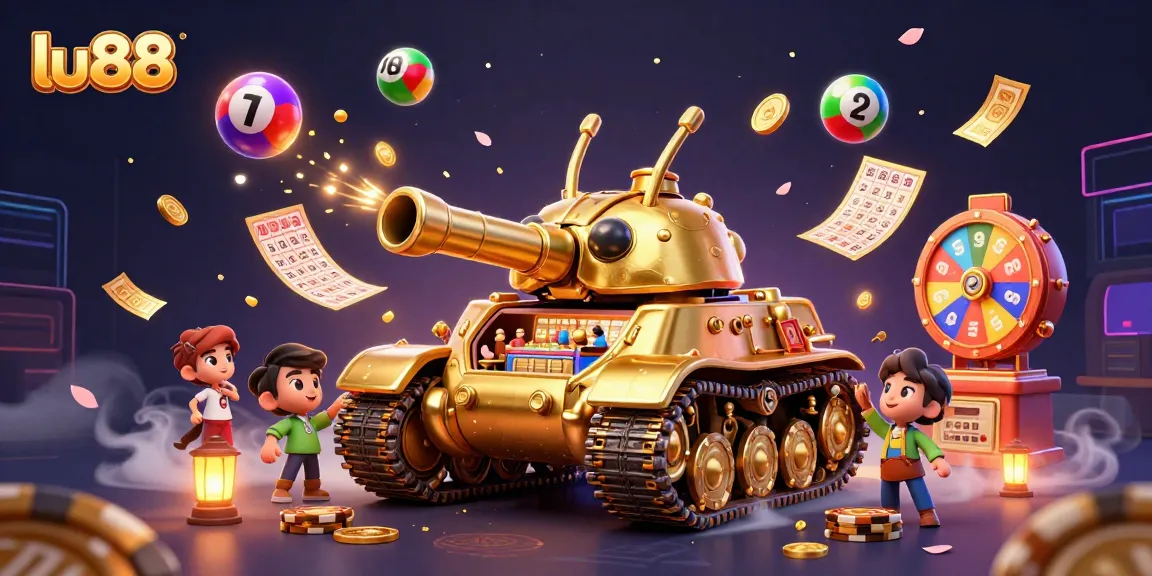 Experience excitement with lu88's vibrant casino-themed 3D illustration full of dynamic lottery elements.