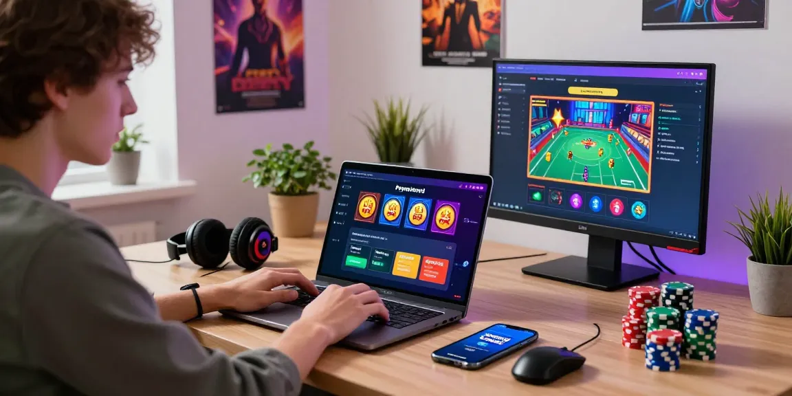 Engagierter Nutzer, der in einem lebhaften Homeoffice-Setup mit Spielelementen die Optionen für Paysafe Card Casinos erkundet.
