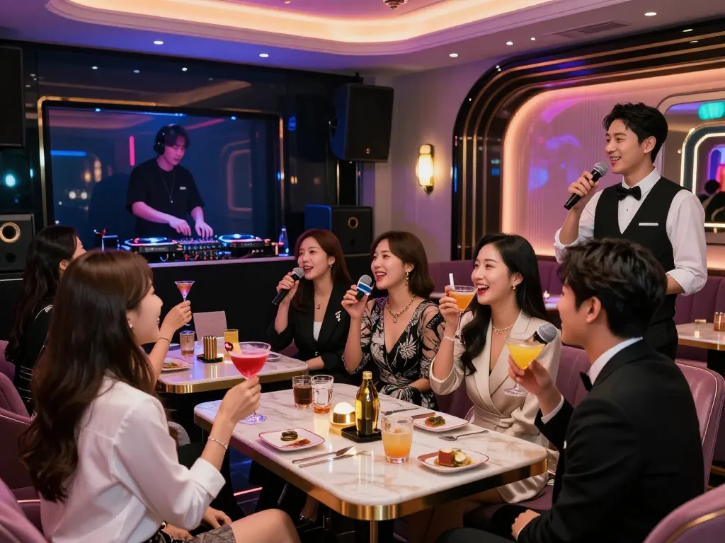 강남가라오케에서 활기찬 저녁을 즐기며 세련된 손님들이 고급 가라오케 공간에서 소통하고 노래하고 있습니다.