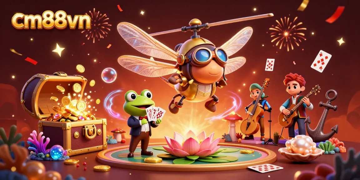 Experience the excitement of cm88vn at a vibrant lily pad casino with a dragonfly pilot and frog dealer.