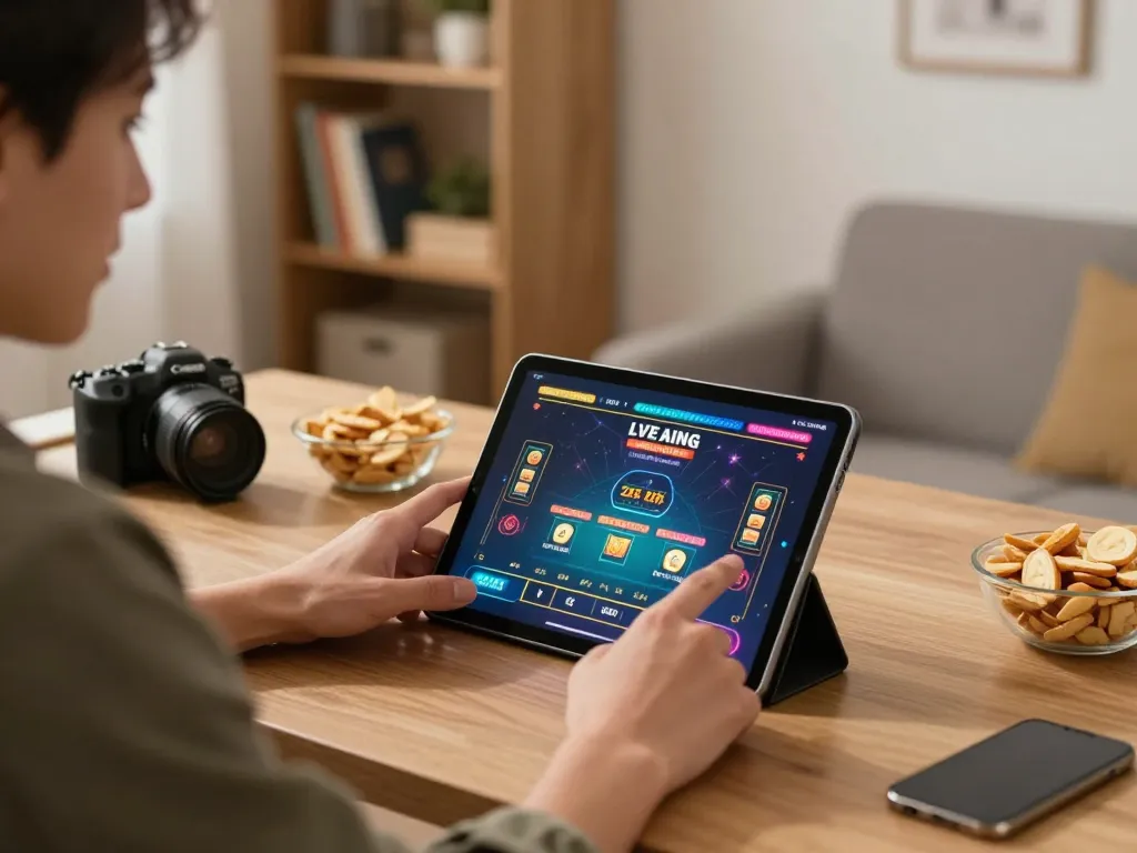 SUN WIN user engaging with live dealer gaming on a tablet in a cozy home setup.