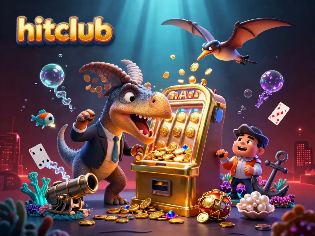 Hitclub's pachycephalosaurus celebrates jackpot wins at a casino, surrounded by gold coins and lively game elements.